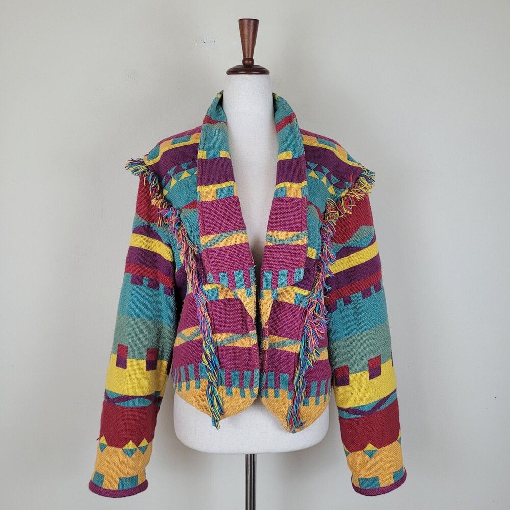 VTG E. Clair Designs Jacket Large Multicolor Southwestern Fringe‎ Boho Tapestry